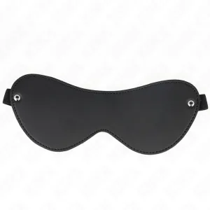 Schwarze Augenmaske aus Leder mit Nieten an den Seiten, vor weißem Hintergrund.