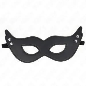 Schwarze Augenmaske mit geschwungenem Design und Nieten, auf weißem Hintergrund.