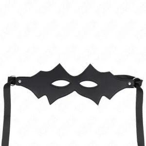 Schwarze Augenmaske mit spitzen Kanten und Bändern, vor weißem Hintergrund.