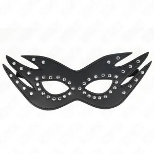 Schwarze Augenmaske mit spitzen Enden und silbernen Nieten verziert.