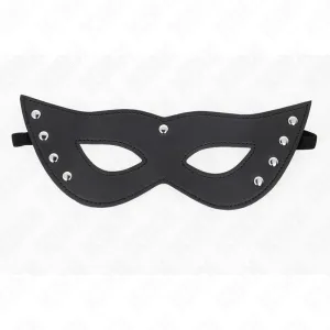 Schwarze Augenmaske mit Nieten, katzenartige Form, auf weißem Hintergrund.