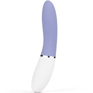 Purple and white vibrator with a curved shape and control buttons on the handle.