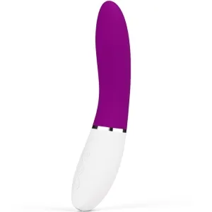Purple and white vibrator with a curved shape and controls on the handle.