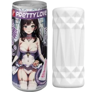 Can with anime character and a white, textured cylindrical object next to it.