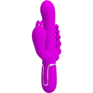Lila Vibrator mit Hasenohren und strukturiertem Schaft, seitliche Noppen, ergonomisches Design.