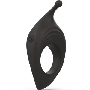 Black silicone vibration ring with button and curved tip, isolated on a white background.