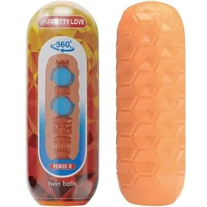 Zwei orangefarbene, strukturierte Zylinder, einer mit Verpackung und Produktdetails, der andere ohne.