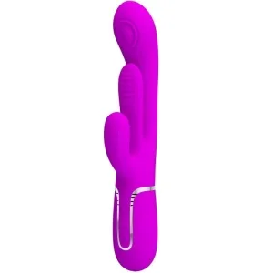 Lila Vibrator mit zwei Armen und strukturierten Oberflächen, vertikal ausgerichtet.