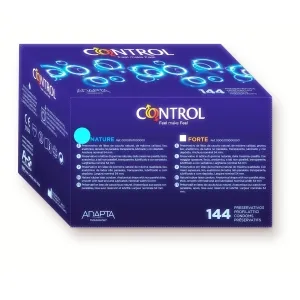 Lila Verpackung von Control-Kondomen mit 144 Stück, Markenlogo und Produktinformationen in mehreren Sprachen.