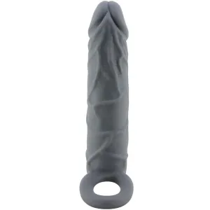 Grauer, strukturierter Dildo mit Ring am Ende, aufrecht stehend vor weißem Hintergrund.
