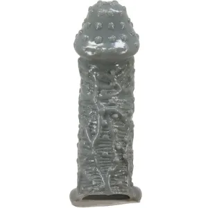 Graue, strukturierte Keramikskulptur in zylindrischer Form mit runder Spitze und unregelmäßigen Oberflächenmustern.