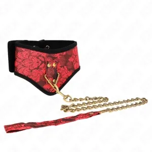 Red necklace with gold chain and floral pattern on a white background.