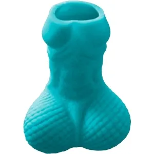 Turquoise, muscular bottle opener in the shape of a torso with detailed texture.