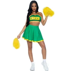 Frau in grün-gelbem Cheerleader-Outfit mit Pompons, steht aufrecht, lächelt, weiße Turnschuhe.