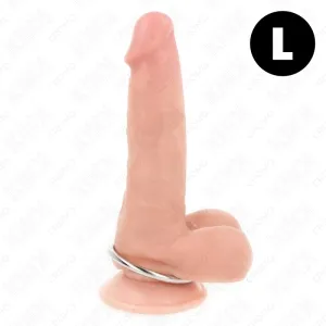 Realistischer Dildo mit Saugnapf und Metallring, Größe L, auf weißem Hintergrund.