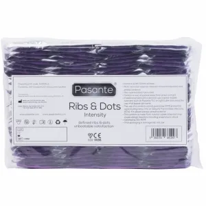 Packung mit 144 Pasante Ribs & Dots Kondomen, lila, mit gerippten und gepunkteten Texturen für intensives Erlebnis.