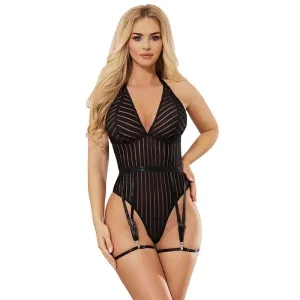 Woman in a black, striped bodysuit with garter belts, long blonde hair, against a white background.