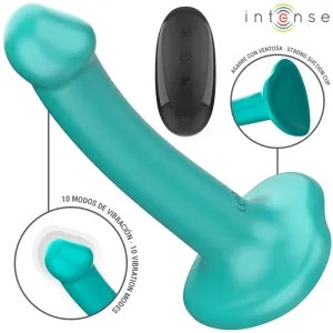 Türkises Vibrationsspielzeug mit Fernbedienung, 10 Modi und Saugnapf.