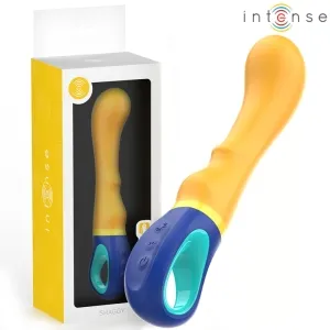 Gelber Vibrator mit blauem Griff neben Verpackung mit Sichtfenster, Marke 