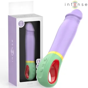 Lila Vibrator mit grünem Griff und rotem Akzent, neben passender Verpackung mit 