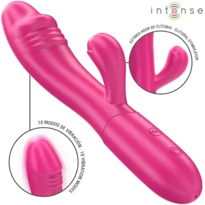 Pink vibrator with clitoral stimulator and 10 vibration modes, brand name 