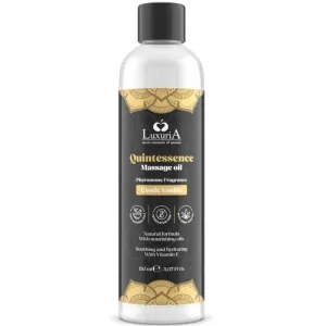 Flasche LuxuriA Quintessence Massageöl, Duft Exotic Vanilla, 150 ml, schwarzes Etikett mit goldenen Verzierungen.