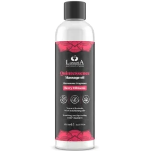 Bottle of LuxuriA Quintessence massage oil, Berry Hibiscus fragrance, 150 ml, black label with pink accents.