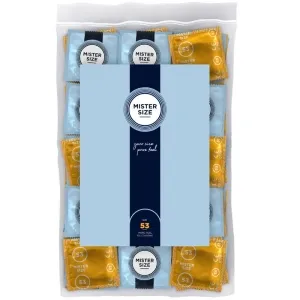 Verpackung mit Mister Size Kondomen in blauen und goldenen Folien, Größe 53, 100 Stück.