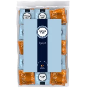Verpackung mit Mister Size Kondomen in blauen und orangefarbenen Folien, Größe 57, 100 Stück.