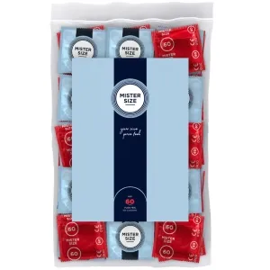 Packaging containing Mister Size condoms in red and blue, size 60, 100 pieces.