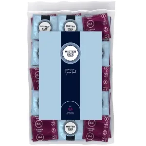 Packaging containing Mister Size condoms, size 64, in blue and purple packaging, 100 pieces.