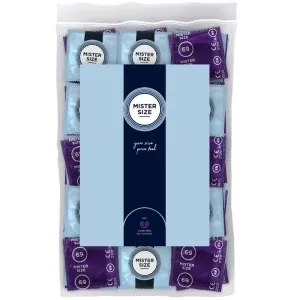 Packung mit Mister Size Kondomen, Größe 69, in blau und lila Verpackungen, 100 Stück.