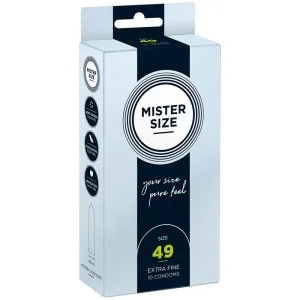 Verpackung von Mister Size Kondomen, Größe 49, extra fein, 10 Stück, mit Slogan 