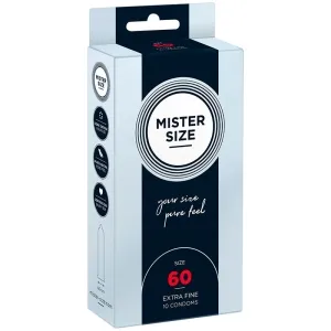 Verpackung von Mister Size Kondomen, Größe 60, extra fein, 10 Stück, mit Slogan 