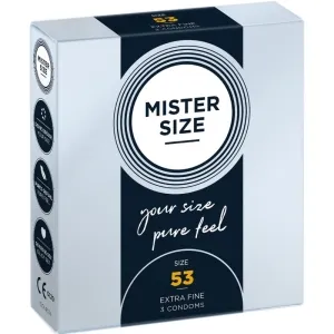 Verpackung von Mister Size Kondomen, Größe 53, extra fein, 3 Stück, mit Slogan 