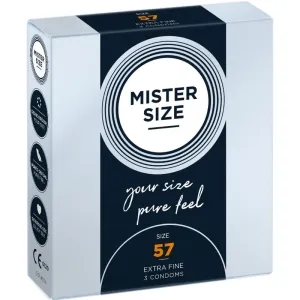 Verpackung von Mister Size Kondomen, Größe 57, extra fein, 3 Stück, mit Slogan 