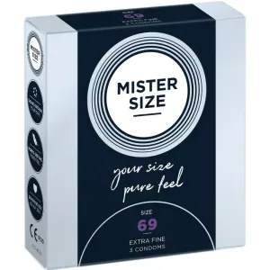 Verpackung von Mister Size Kondomen, Größe 69, extra fein, 3 Stück.