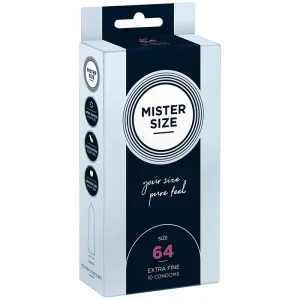 Verpackung von Mister Size Kondomen, Größe 64, extra fein, 10 Stück, mit Slogan 