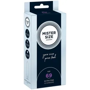 Verpackung von Mister Size Kondomen, Größe 69, extra fein, 10 Stück, mit Slogan 