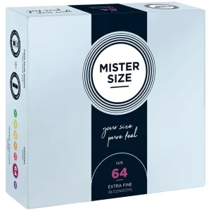 Packaging of Mister Size condoms, size 64, 36 pieces, extra fine.