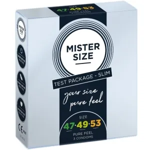 Verpackung von Mister Size Kondomen, Testpaket Slim, Größen 47, 49, 53, mit der Aufschrift 