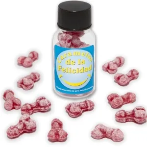 Bottle containing red, penis-shaped candies, labelled 