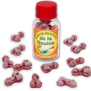 A bottle containing red, penis-shaped candies labeled 