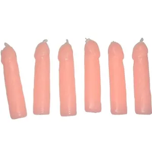 Six pink candles in a row, shaped like fingers.