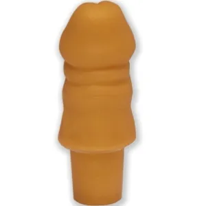 Orange foam object in the shape of a truncated cone with a rounded tip and grooves.
