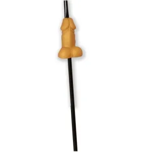 A black straw with a yellow, humorous decoration in the shape of a male genitalia.