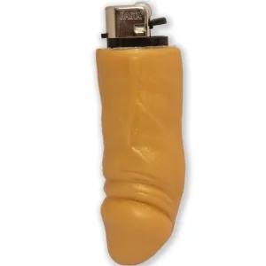 Lighter with a yellow, finger-shaped casing, silver ignition mechanism and black ignition wheel.