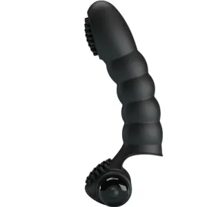 Schwarzes, gebogenes Massagegerät mit geriffelter Oberfläche und Rollen am unteren Ende.