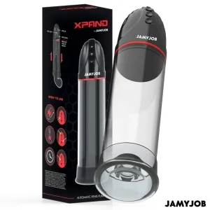 Verpackung und Produkt einer automatischen Penispumpe von Jamyjob, mit schwarzem und transparentem Design.