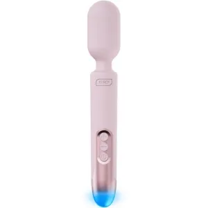 Pink massager with a rounded tip, buttons and a blue light at the bottom.